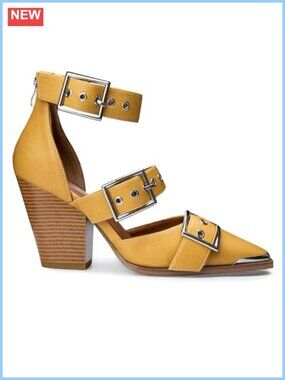 Pointed Toe Western Buckle Strap Block Heel Pumps Faux Leather